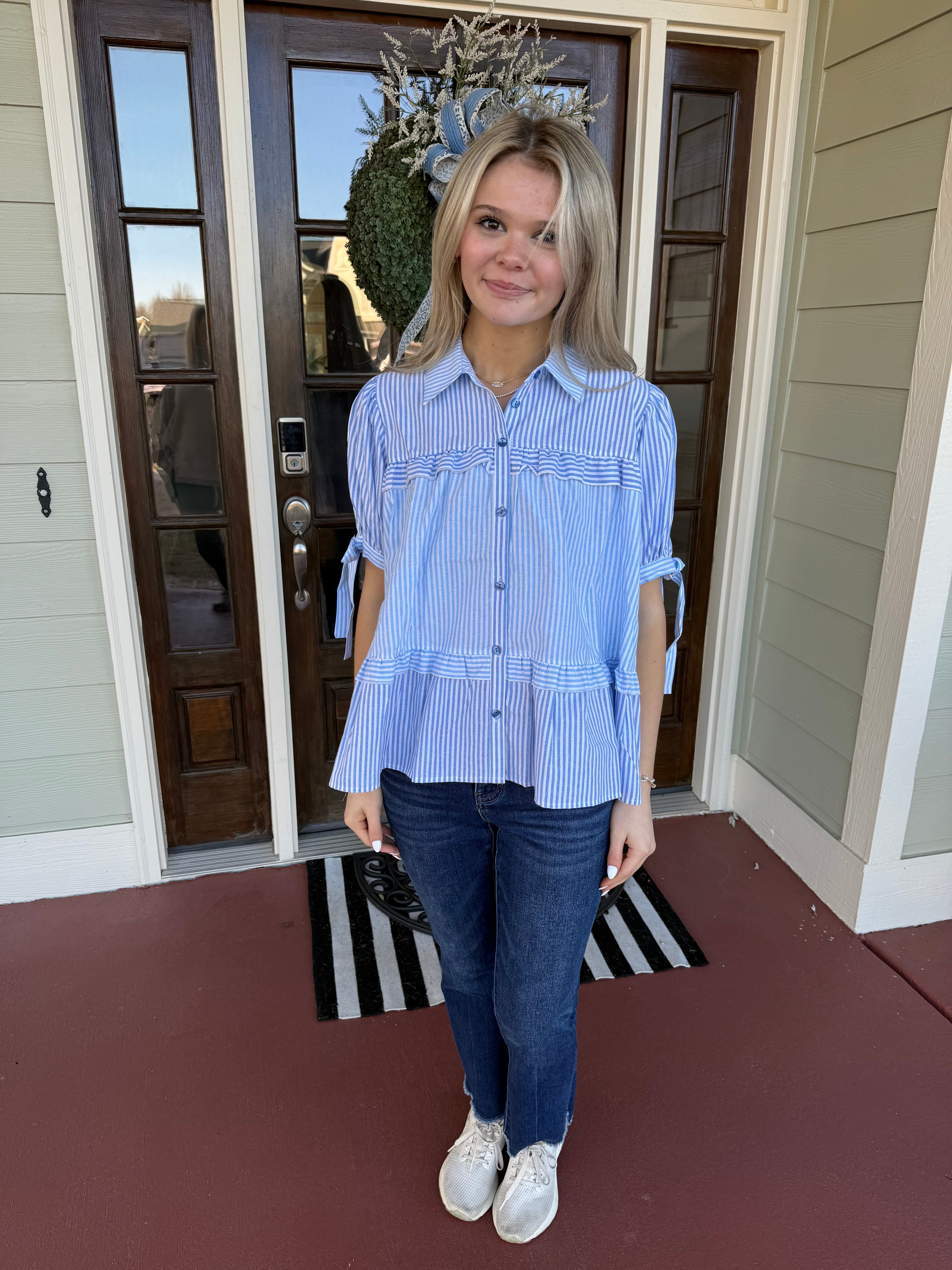 Blue and White Flowy Top