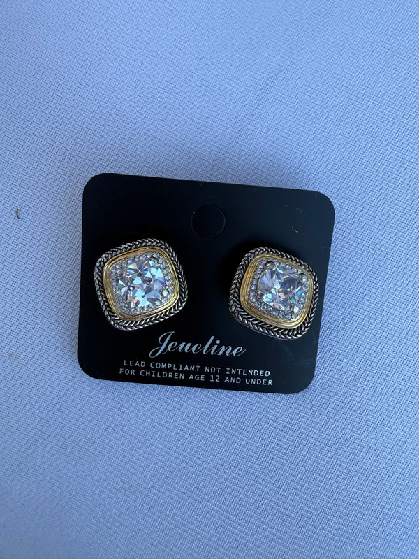 Square Two Tone Rhinestone Earrings