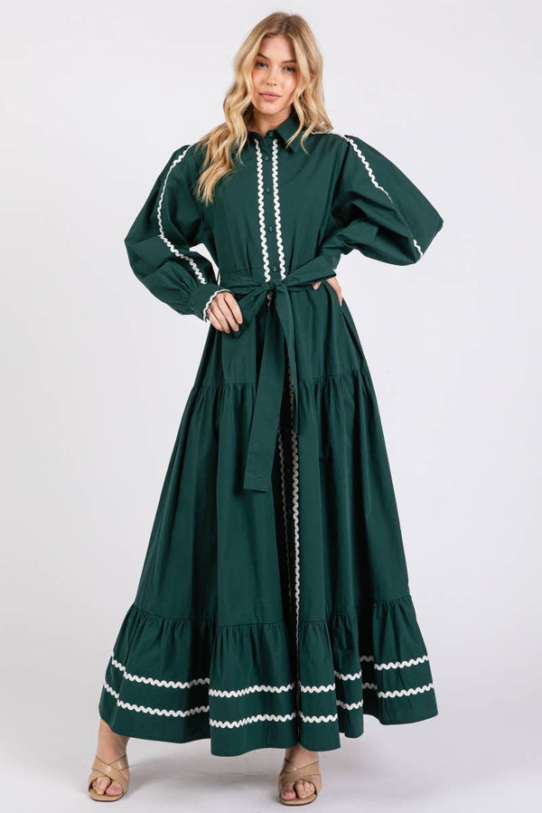 Solid long Sleeve Button-Down Maxi Dress HD2802-H GREEN