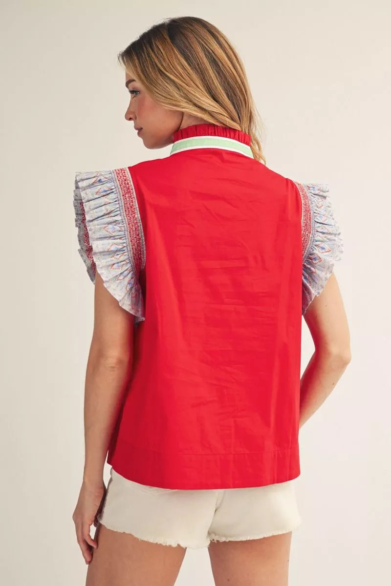Red Flutter Sleeve Top