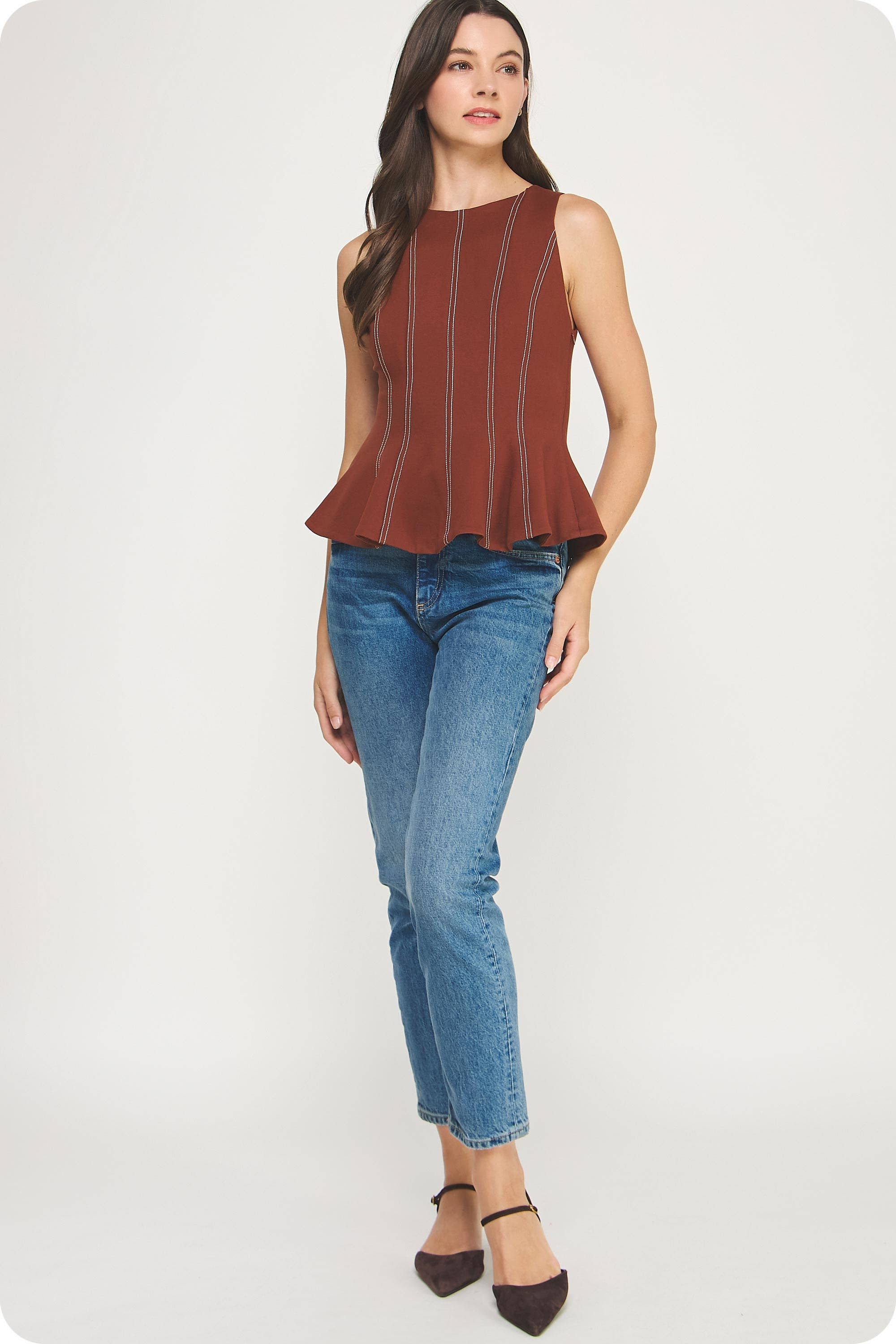 Top-Stitch Peplum Sleeveless Ponte Top