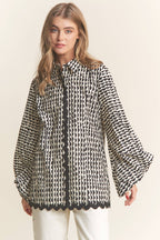 Stripe Pattern Wave Trimmed Balloon Sleeve Top