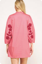 3/4 Sleeve Flower Embroidery Ruffle Neck Mini Dress
