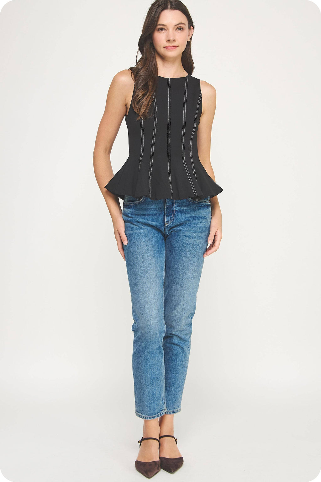 Top-Stitch Peplum Sleeveless Ponte Top