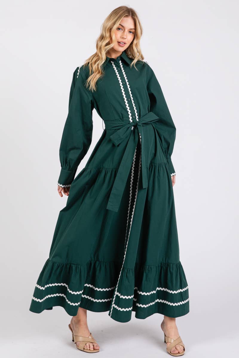 Solid long Sleeve Button-Down Maxi Dress HD2802-H GREEN