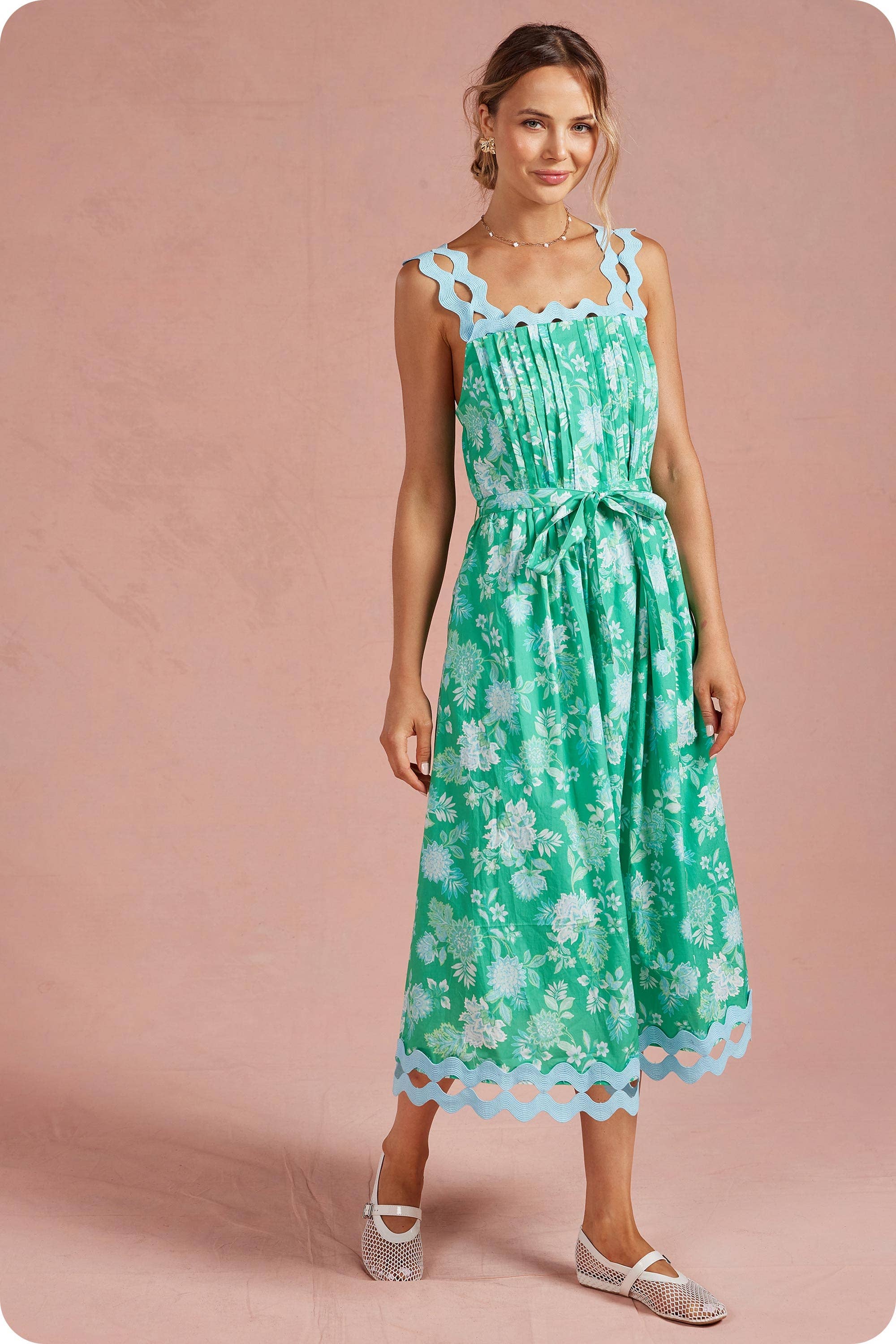 Botanical Garden Ric-Rac Pintuck Midi Dress