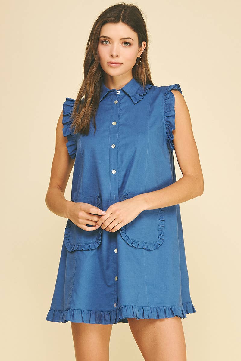 RUFFLED SLEEVELESS SHIRT DRESS