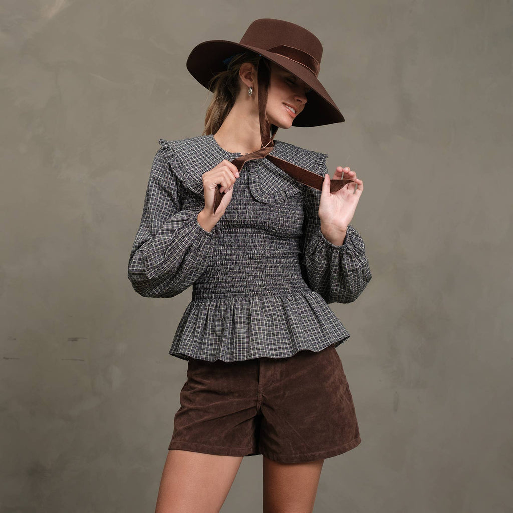 Plaid Smocked Peplum Blouse