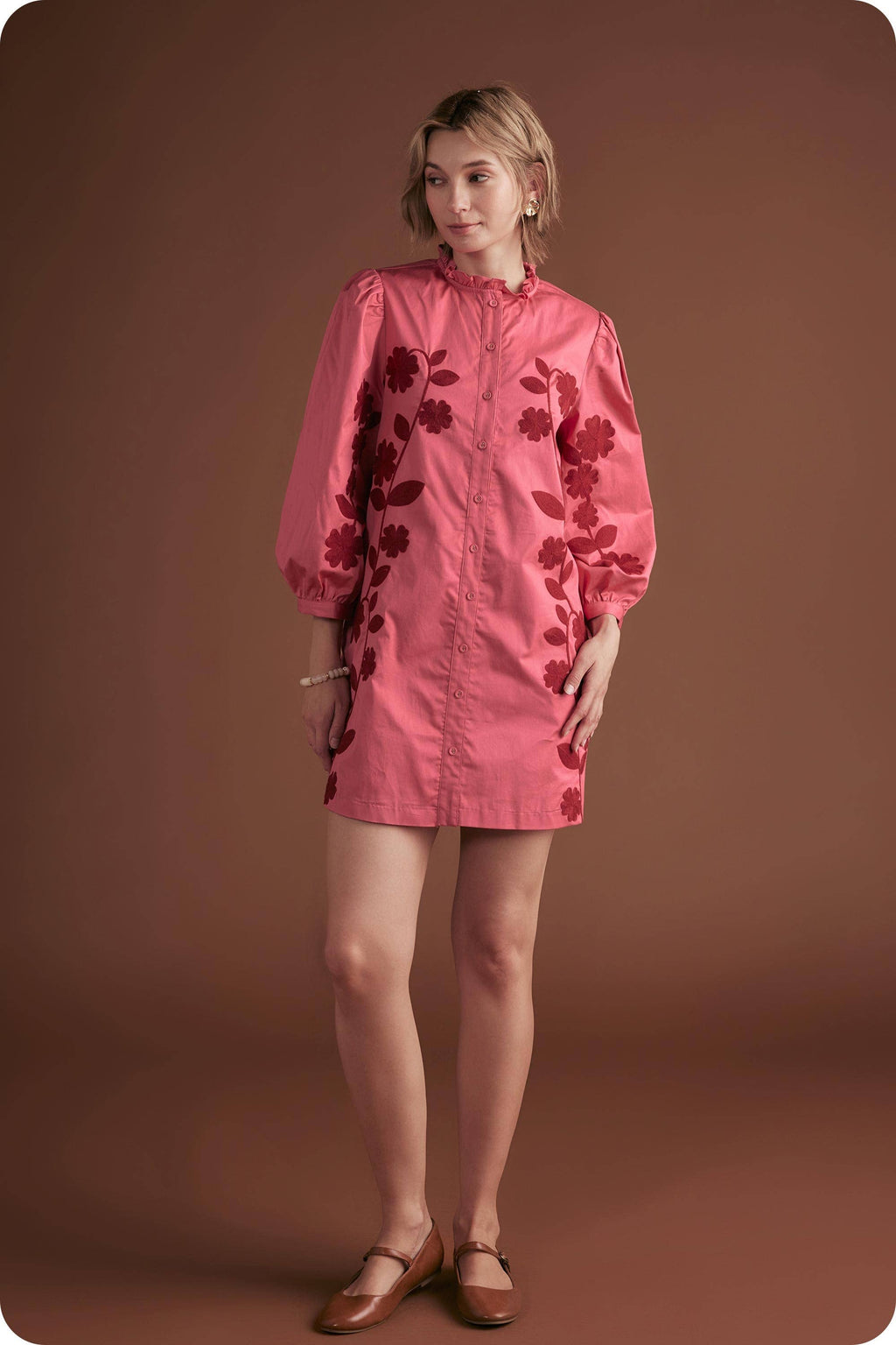 3/4 Sleeve Flower Embroidery Ruffle Neck Mini Dress