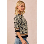TEXTURED ROSE KNIT TOP CONTRAST BANDED PUFF SLEEVE