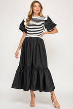Black & White Stripe Bodice Tiered Midi Dress