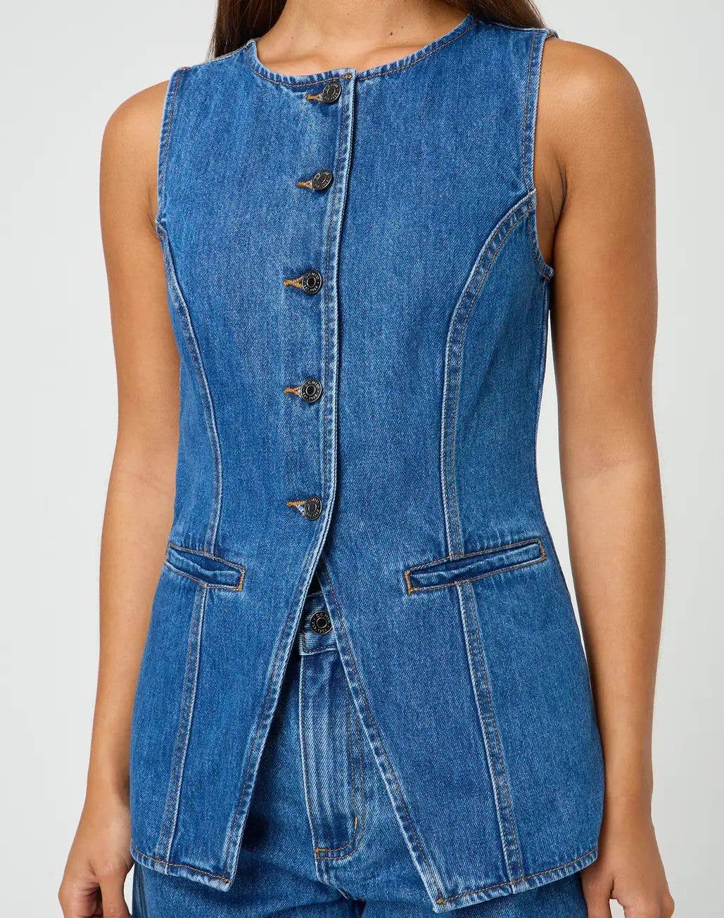Buttoned Denim Vest and Shorts Set