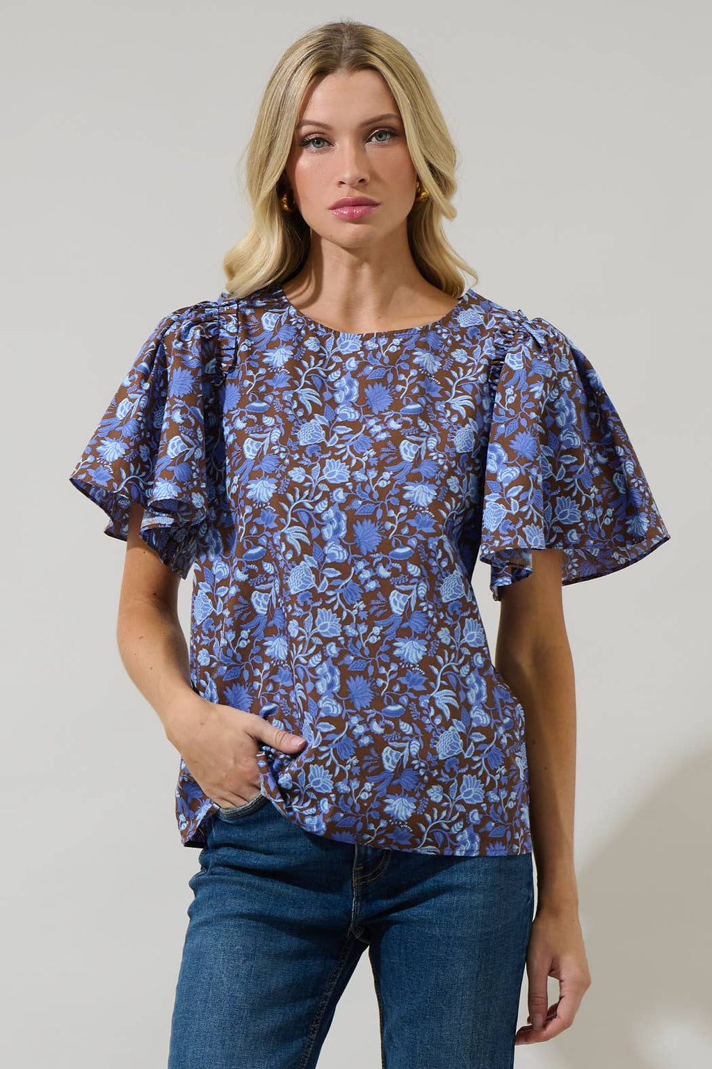 Blue and Brown Floral Flutter Sleeve Top