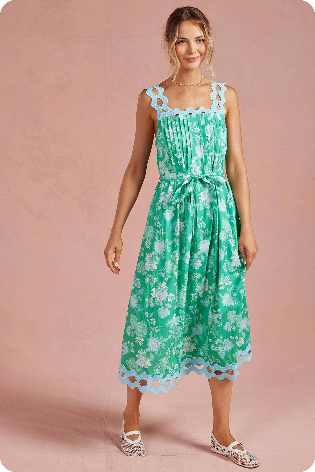 Botanical Garden Ric-Rac Pintuck Midi Dress