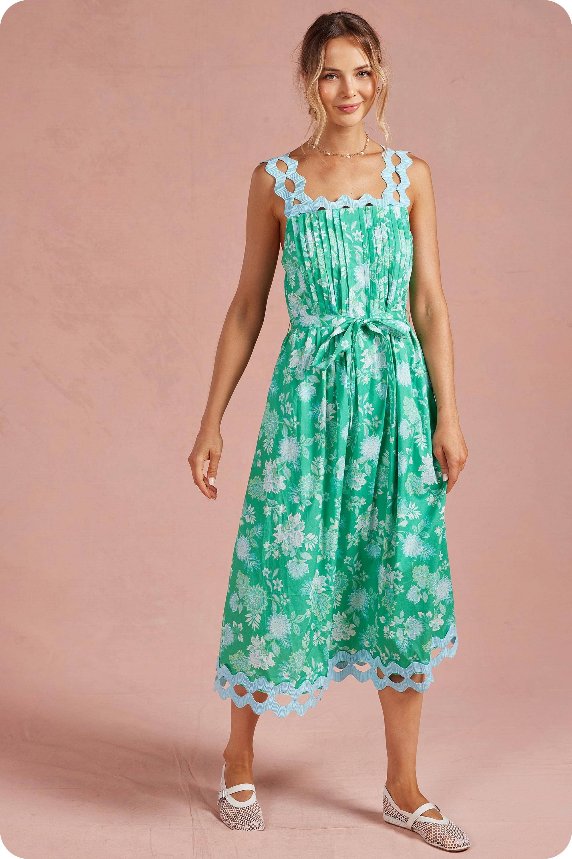 Botanical Garden Ric-Rac Pintuck Midi Dress
