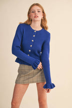 RUFFLE HEM RIBBED KNIT SWEATER