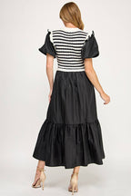 Black & White Stripe Bodice Tiered Midi Dress