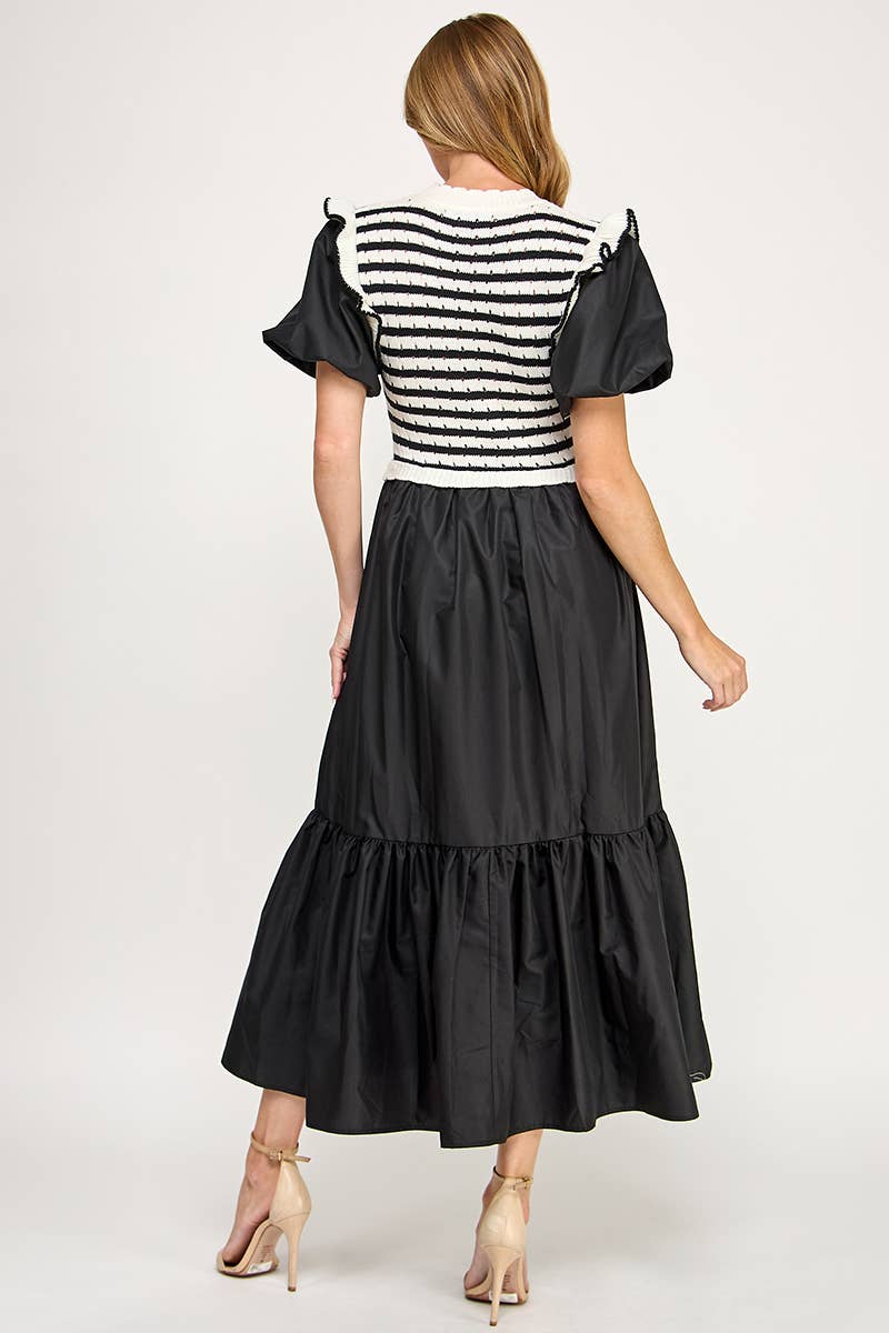 Black & White Stripe Bodice Tiered Midi Dress