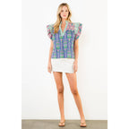 Flutter Sleeve Floral Pattern V-Neck Top