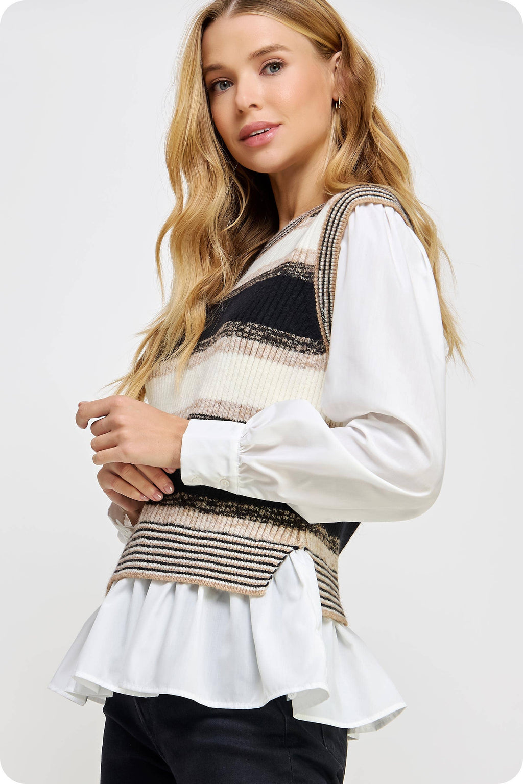 Striped Knit Vest with Layered Look