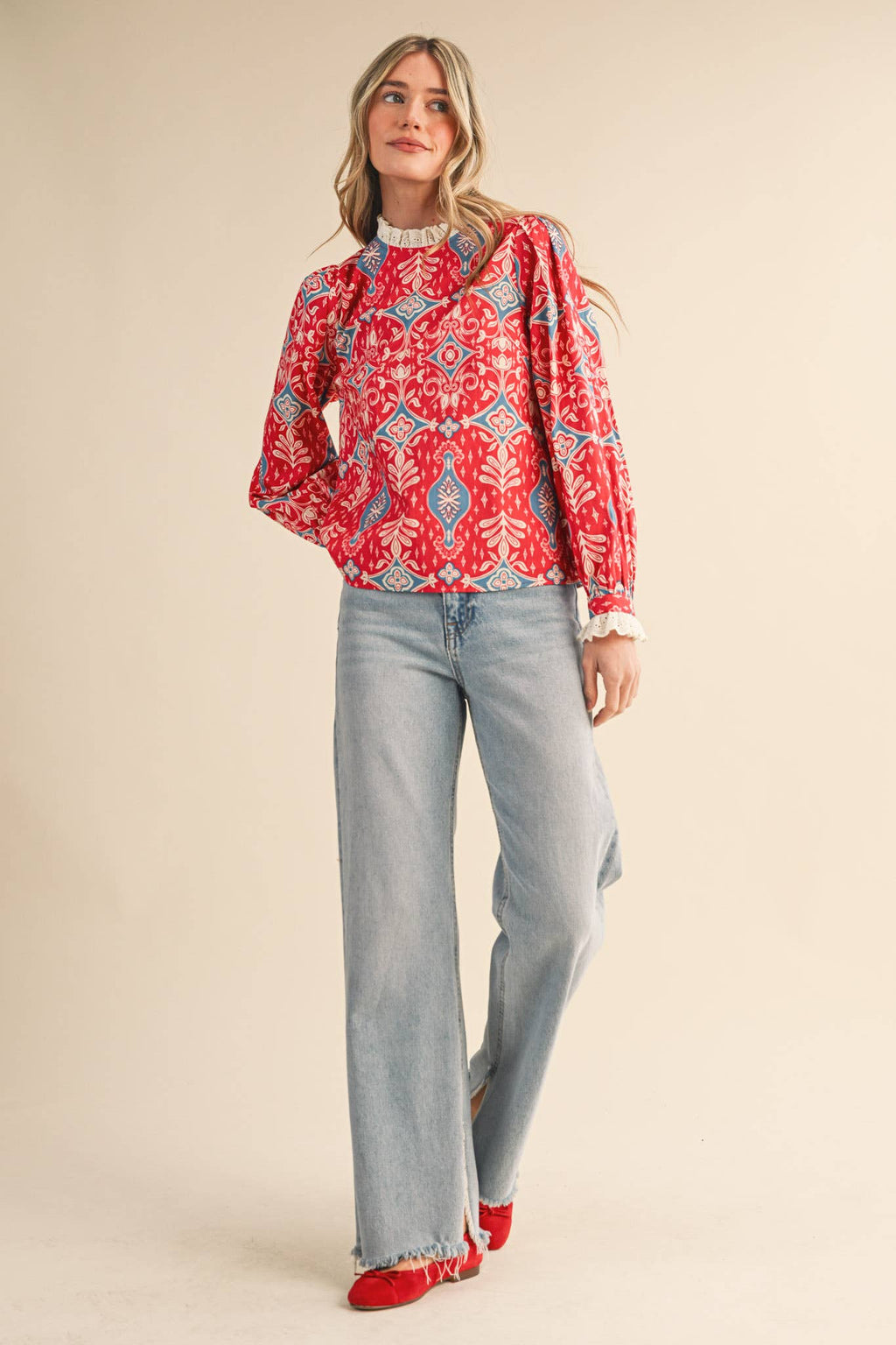 RUFFLE LACE TRIM MOCK NECK TOP MTP4294