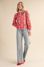 RUFFLE LACE TRIM MOCK NECK TOP MTP4294