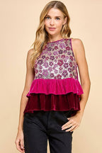 CT9144-Floral Print Sequined Peplum Top