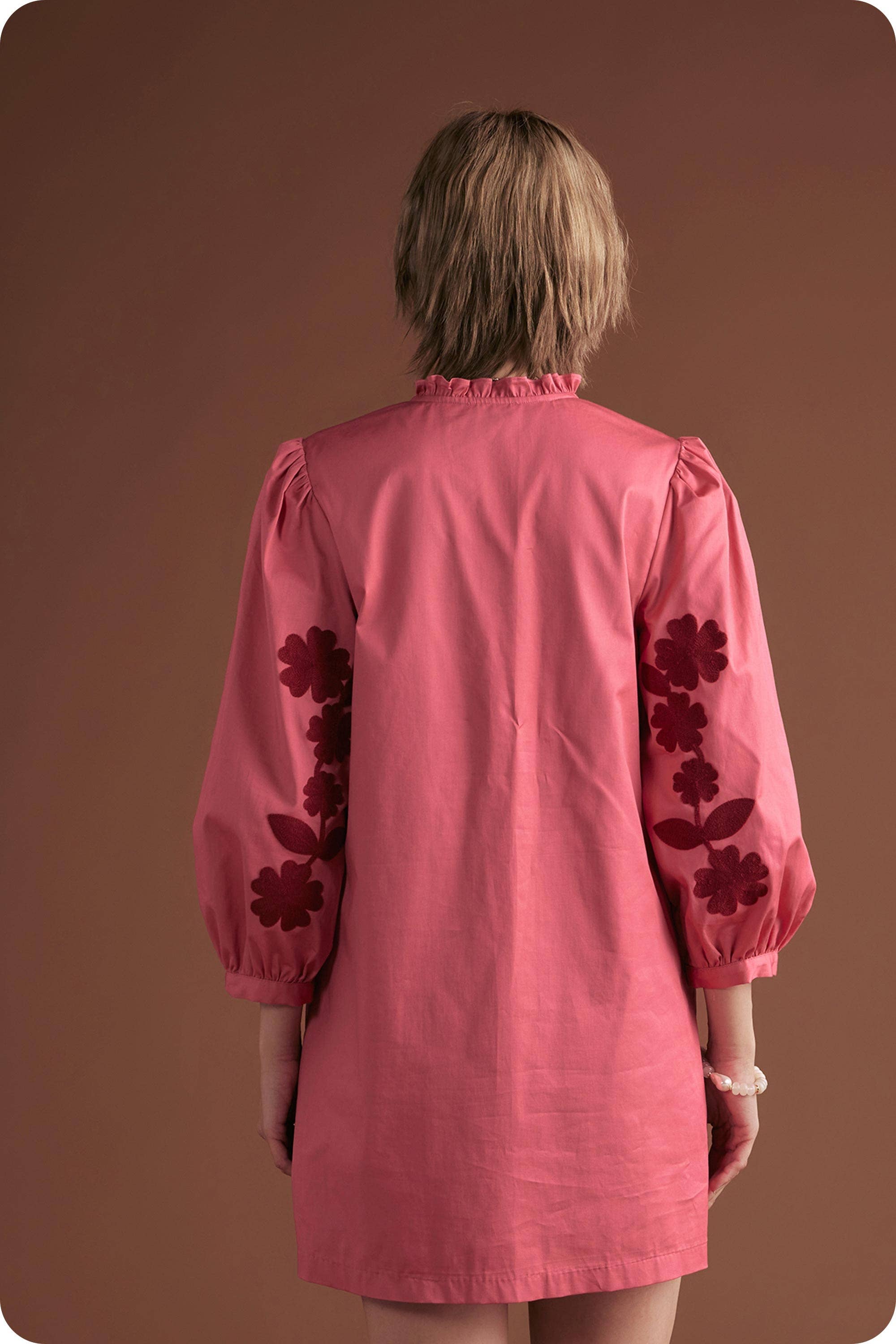 3/4 Sleeve Flower Embroidery Ruffle Neck Mini Dress