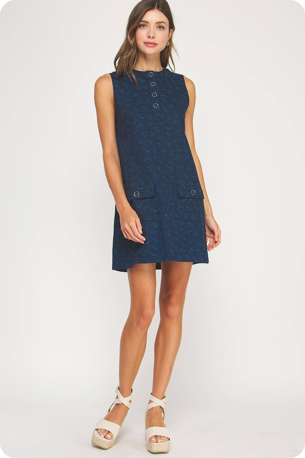 Floral Denim Sleeveless Mini Dress