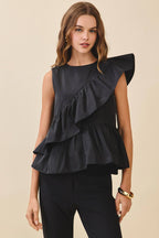 CT9581-Cascading Ruffle Panels Drape Detail Peplum Top