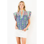 Flutter Sleeve Floral Pattern V-Neck Top