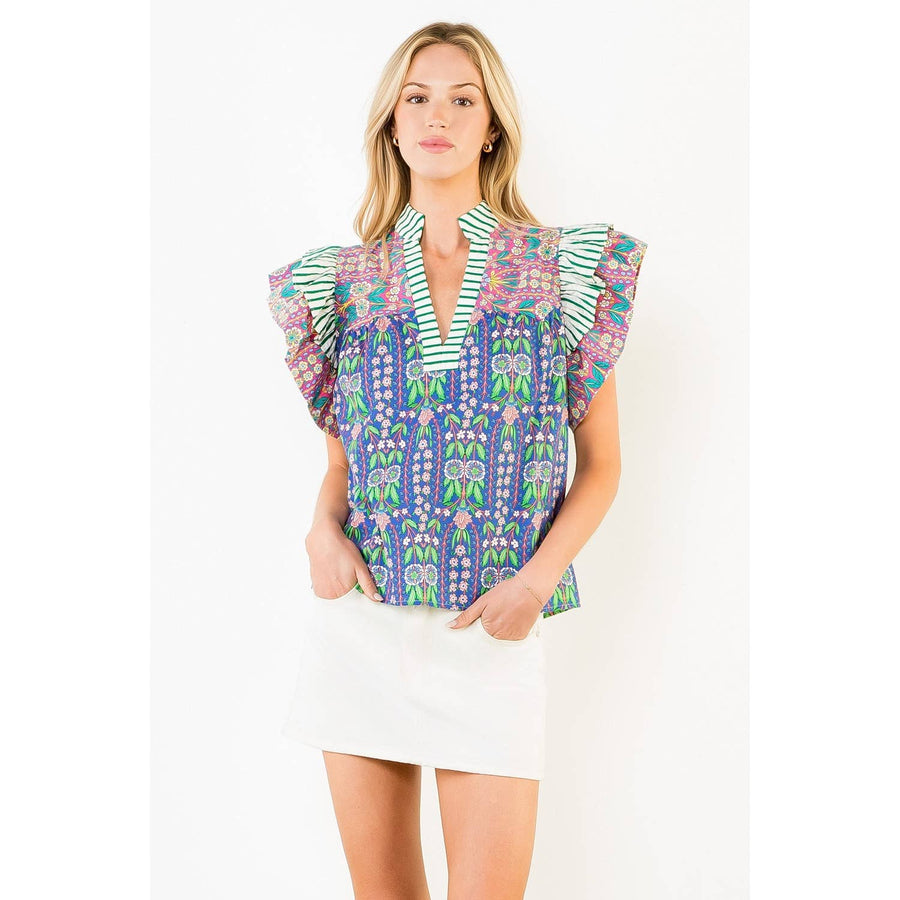 Flutter Sleeve Floral Pattern V-Neck Top