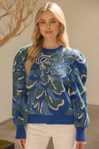 Pleated Long Puff Sleeve Floral Print Sweater Top