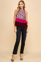 CT9144-Floral Print Sequined Peplum Top