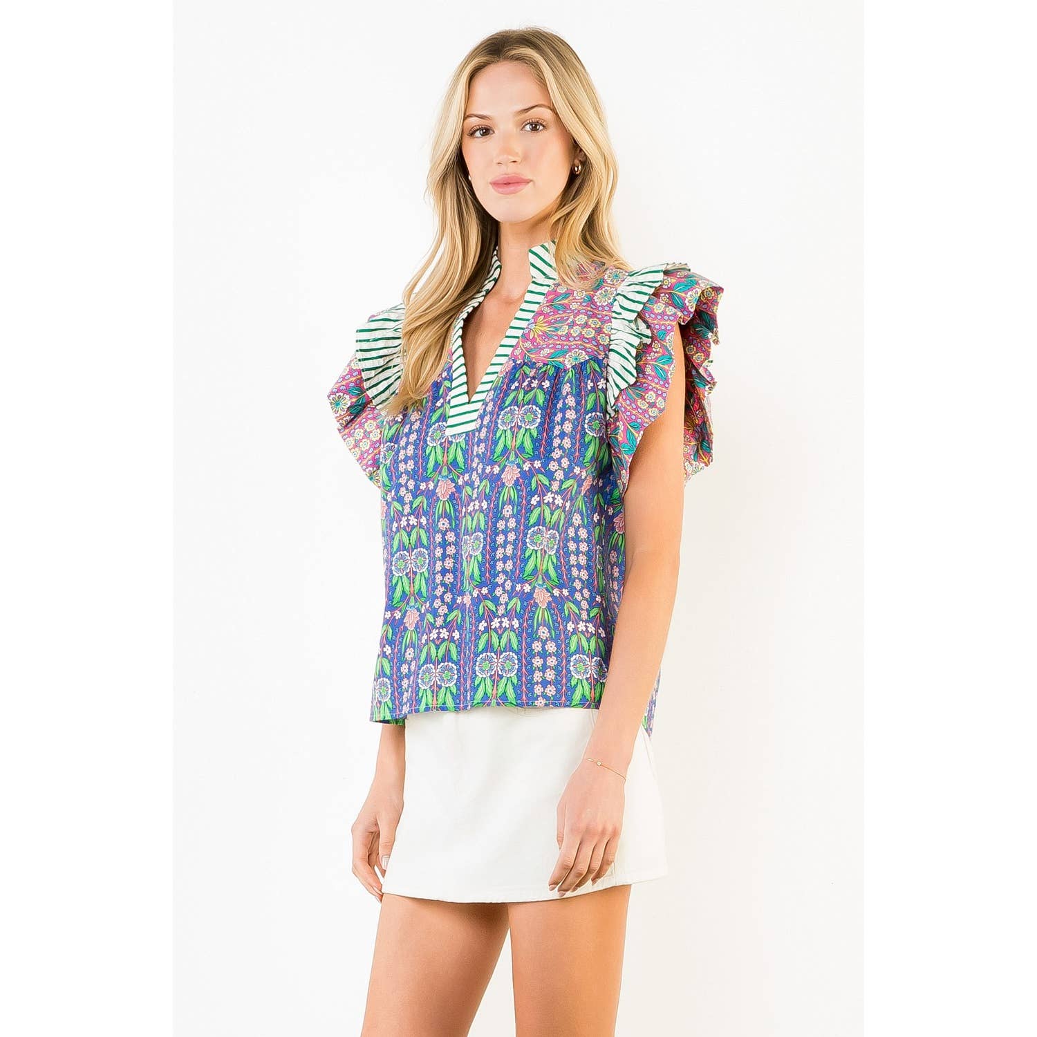 Flutter Sleeve Floral Pattern V-Neck Top