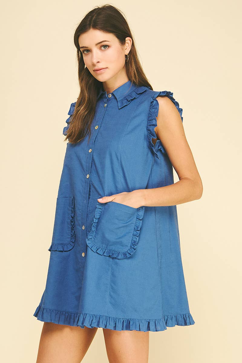 RUFFLED SLEEVELESS SHIRT DRESS