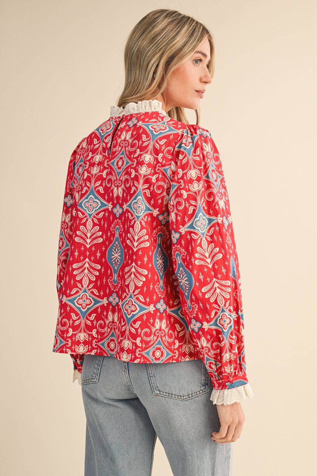 RUFFLE LACE TRIM MOCK NECK TOP MTP4294