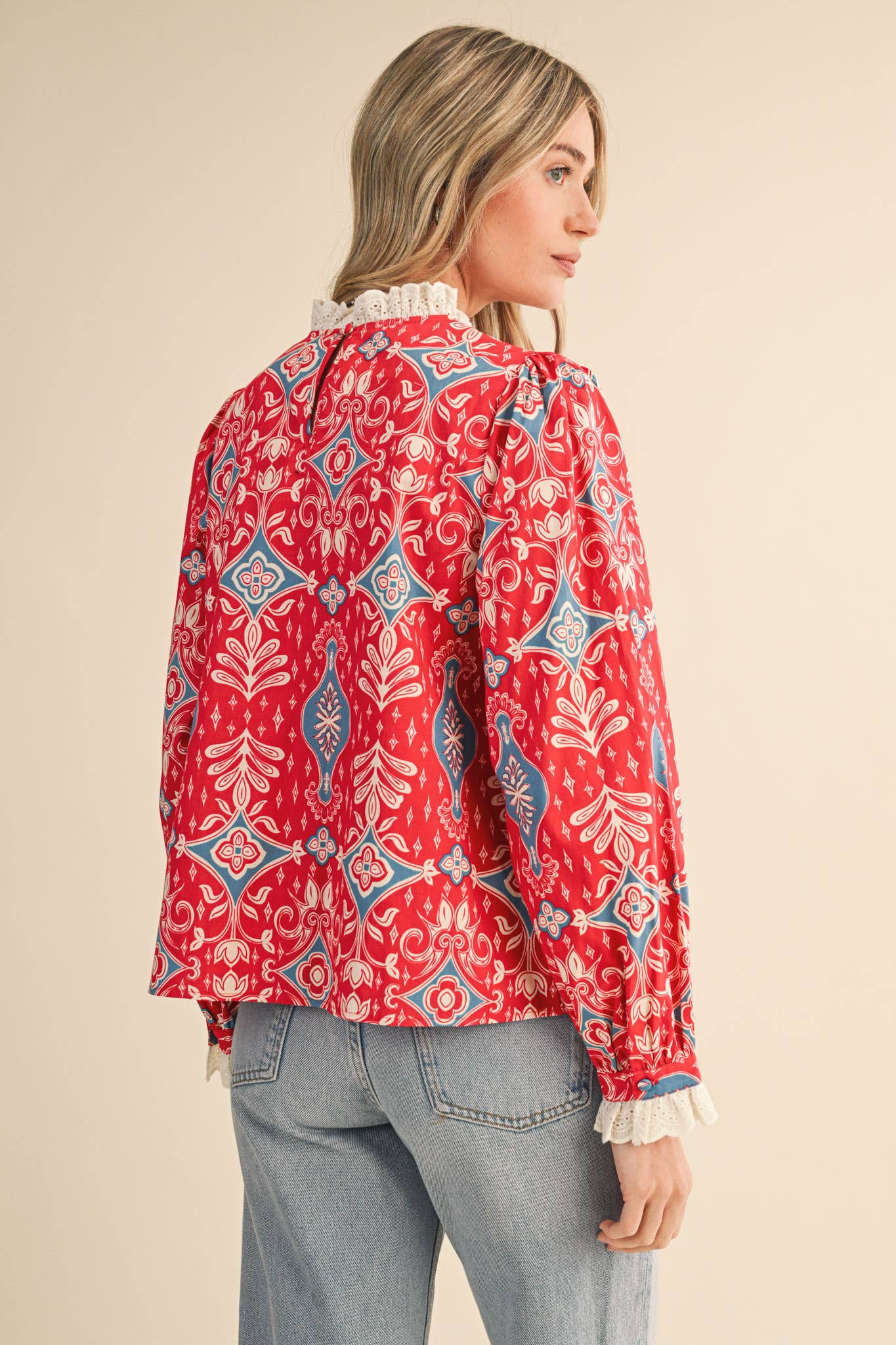 RUFFLE LACE TRIM MOCK NECK TOP MTP4294