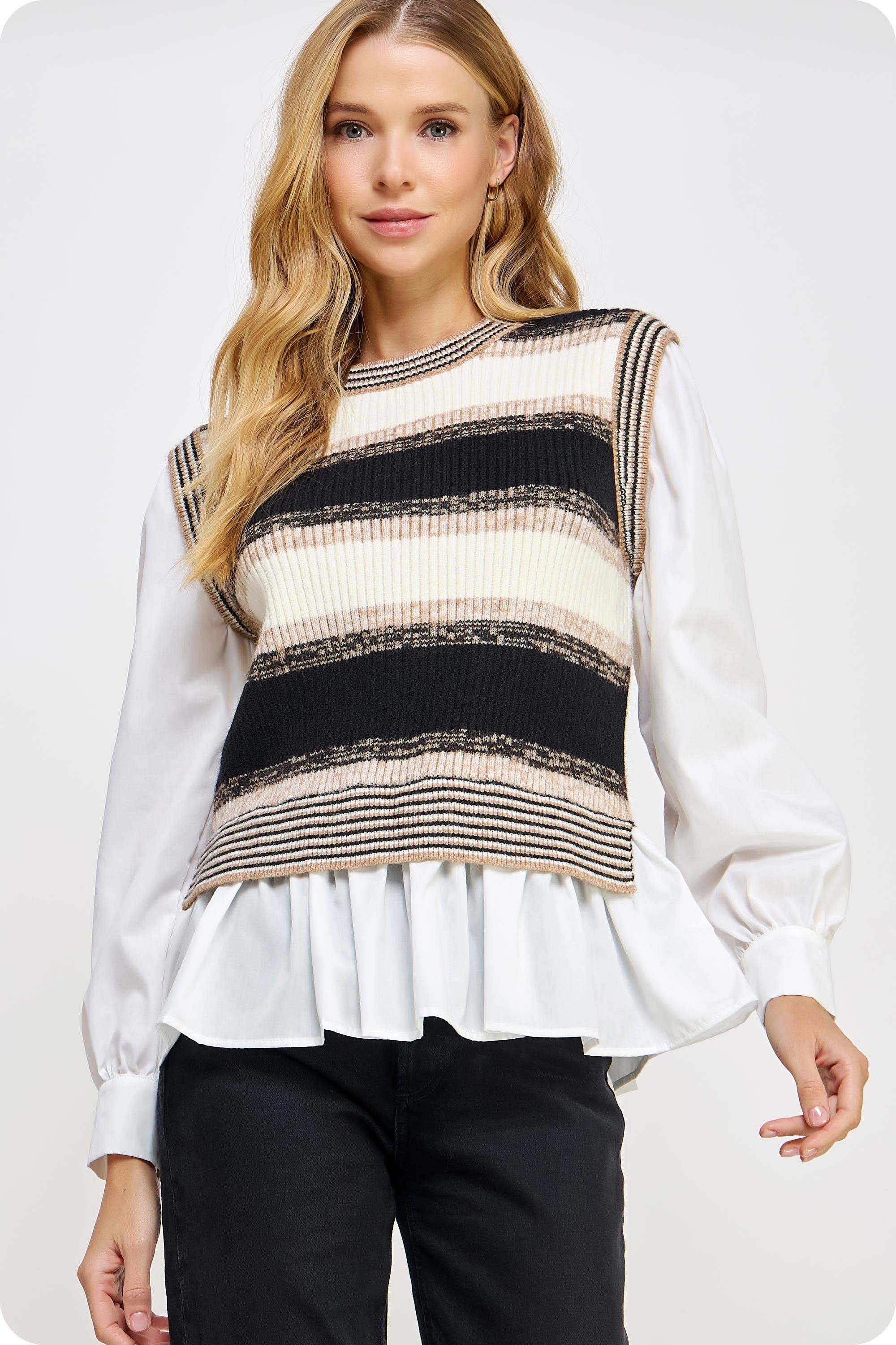 Striped Knit Vest with Layered Look