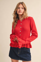 RUFFLE HEM RIBBED KNIT SWEATER