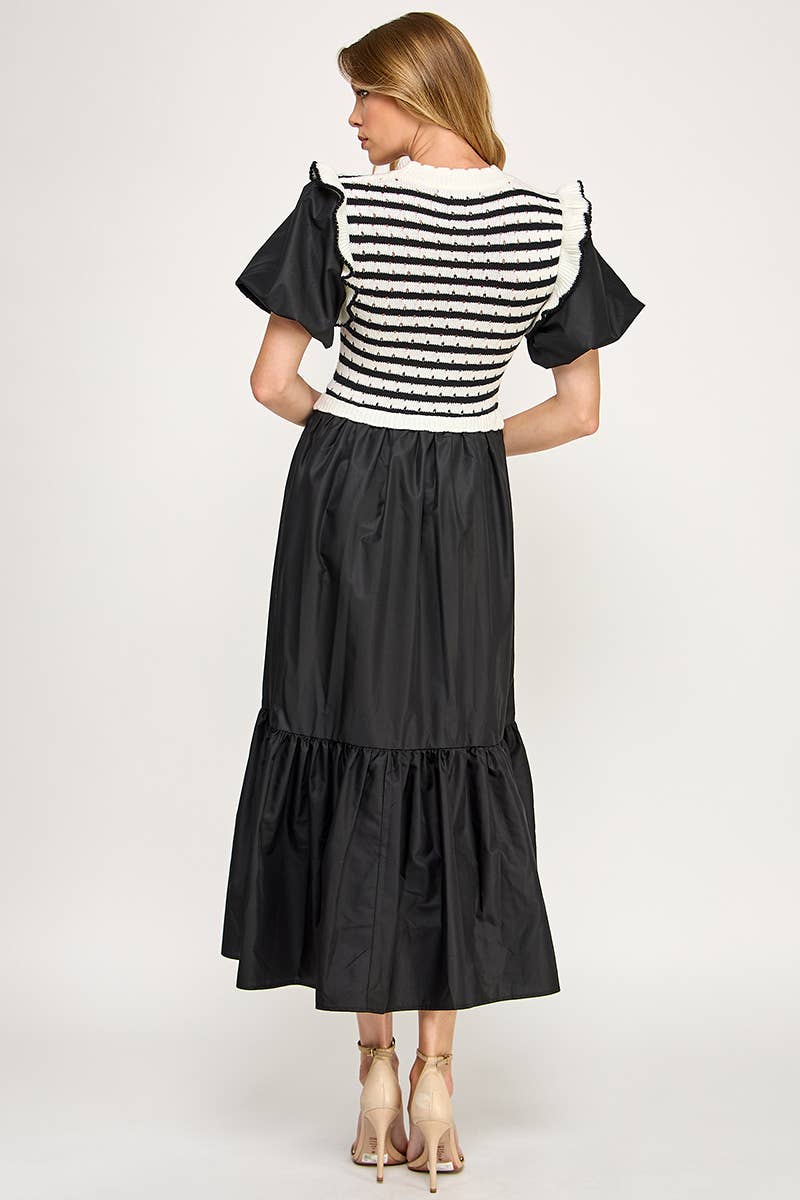 Black & White Stripe Bodice Tiered Midi Dress