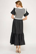 Black & White Stripe Bodice Tiered Midi Dress