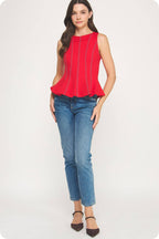 Top-Stitch Peplum Sleeveless Ponte Top