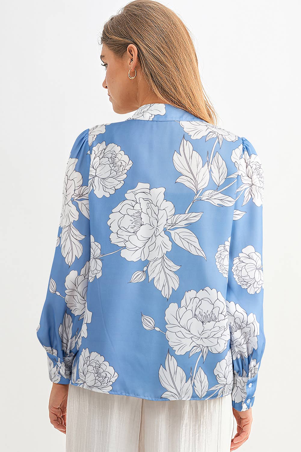 Sky Blue Floral Button-Up Blouse
