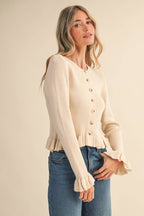 RUFFLE HEM RIBBED KNIT SWEATER