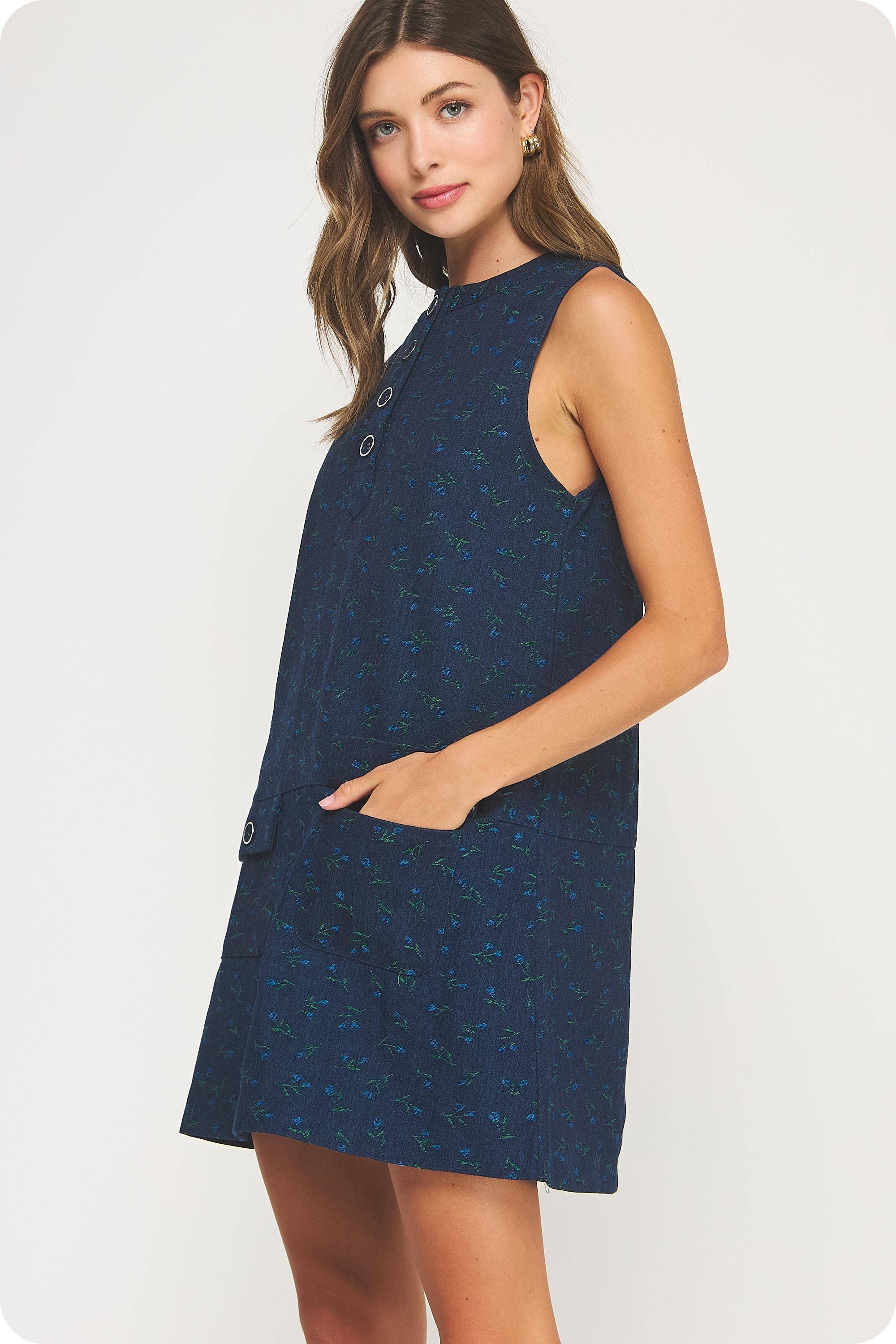 Floral Denim Sleeveless Mini Dress
