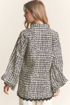 Stripe Pattern Wave Trimmed Balloon Sleeve Top