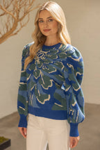 Pleated Long Puff Sleeve Floral Print Sweater Top
