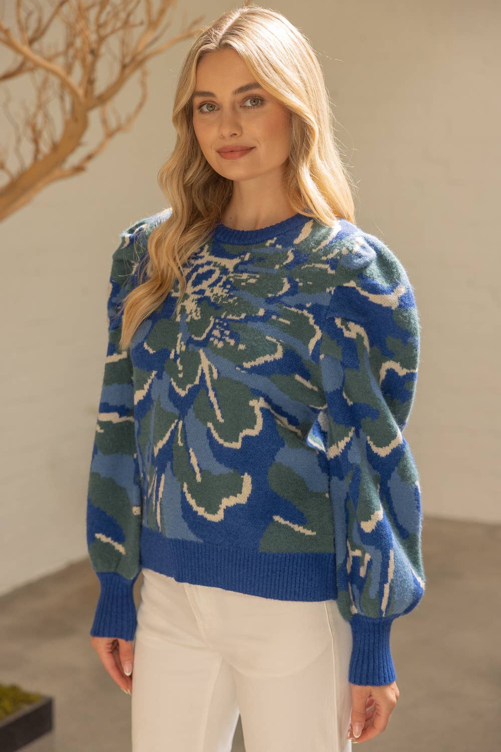 Pleated Long Puff Sleeve Floral Print Sweater Top