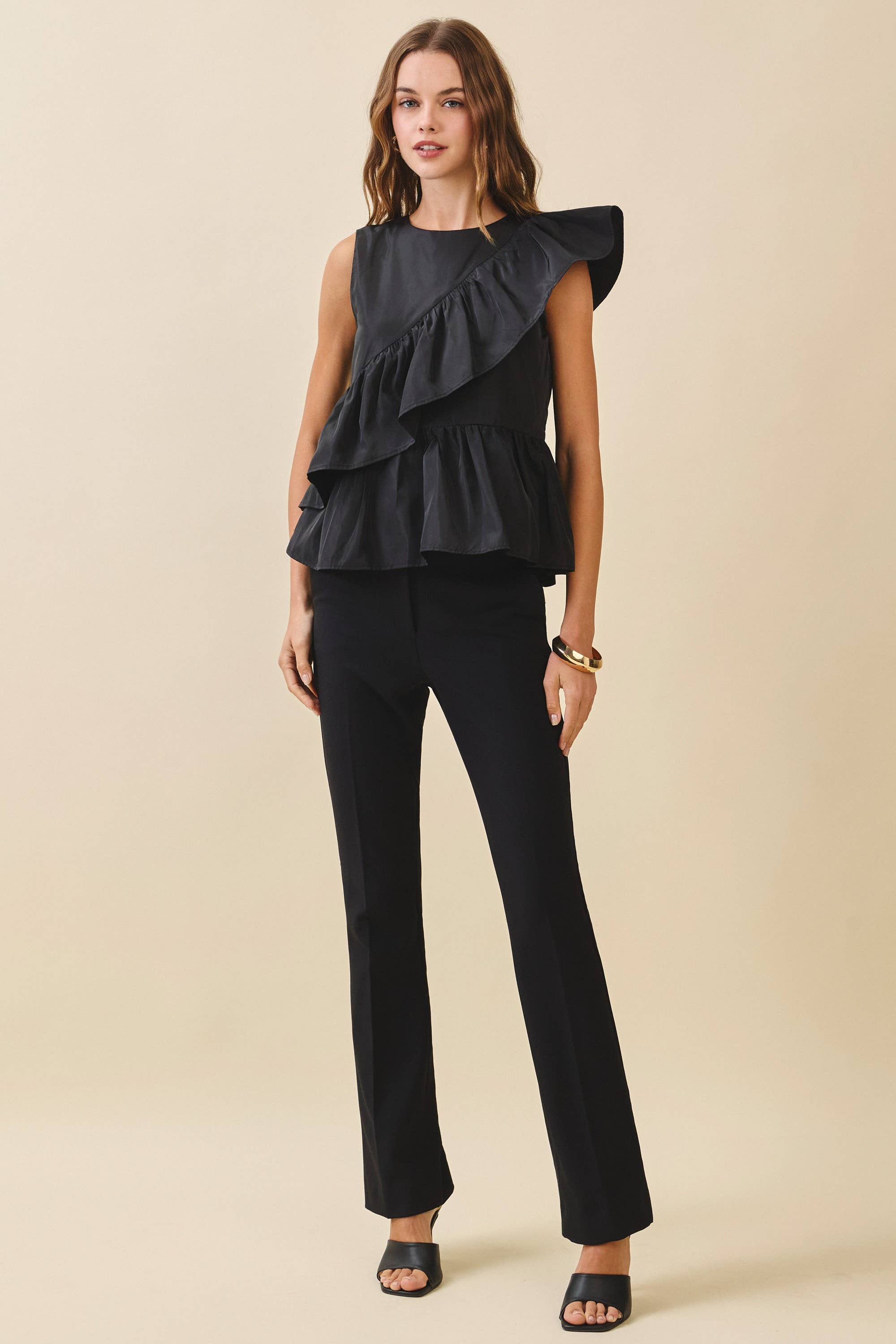 CT9581-Cascading Ruffle Panels Drape Detail Peplum Top